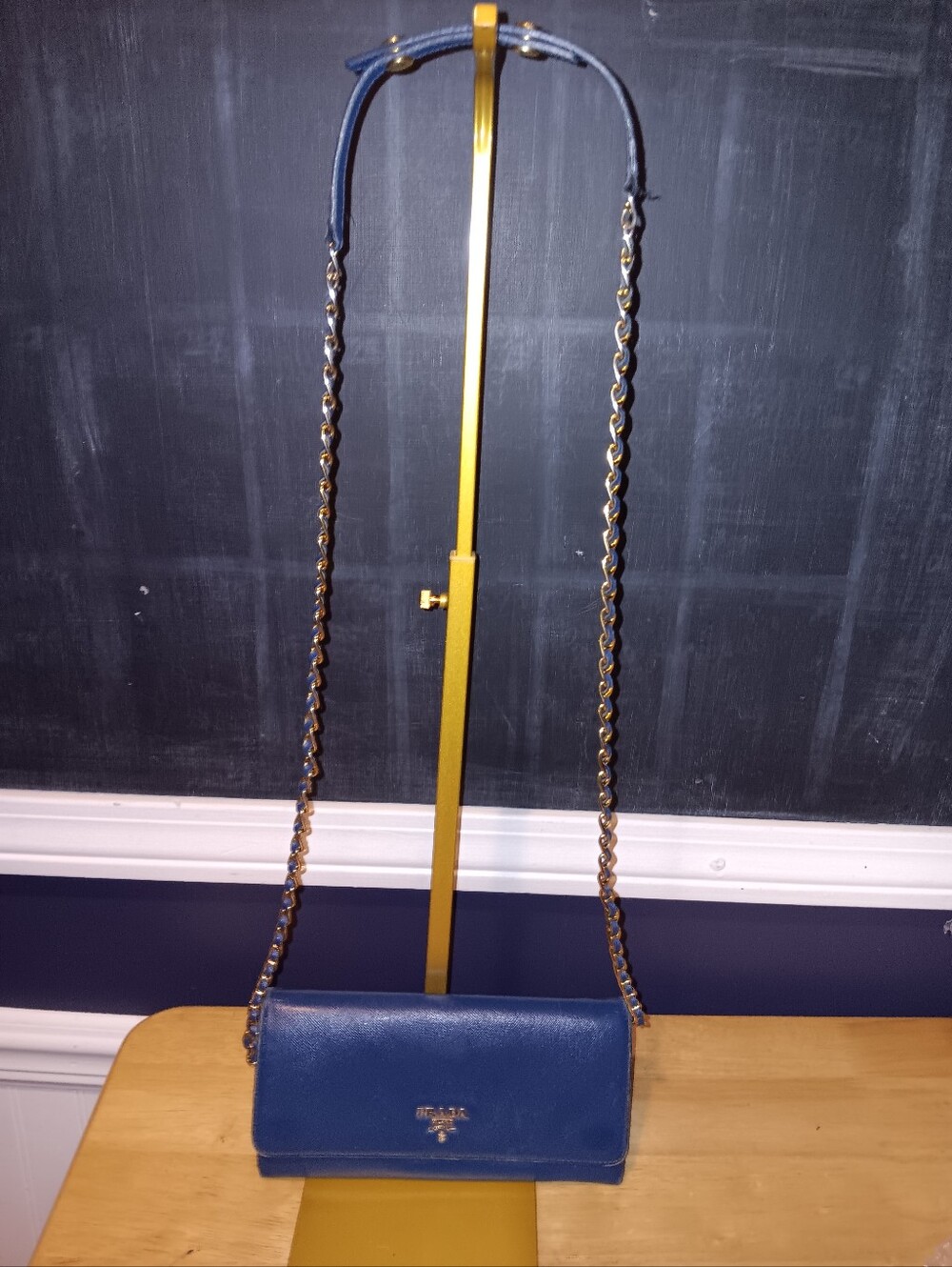 Prada Blue Leather Crossbody Wallet On Chain